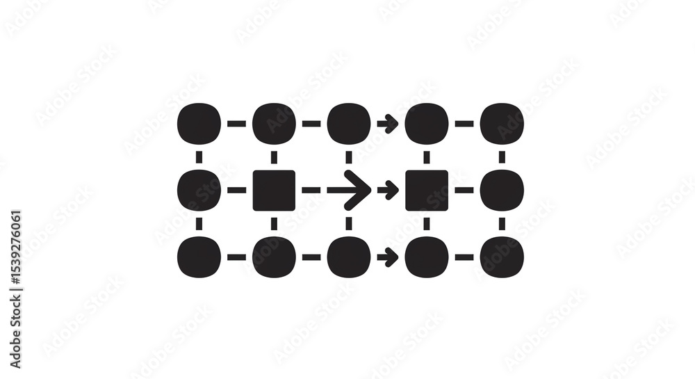 Aufkleber a black and white diagram showing a grid of circles and squares connected by lines and arrows