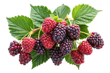 Fresh and delicious black raspberries with green leaves on a white background