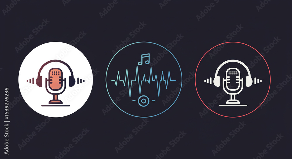 Poster three circular icons depicting podcasting elements on a dark background in a minimalist style art