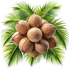 Pile of coconuts with lush tropical palm fronds on a white background