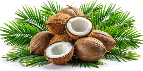 Arrangement of whole and halved coconuts with palm leaves on a white background