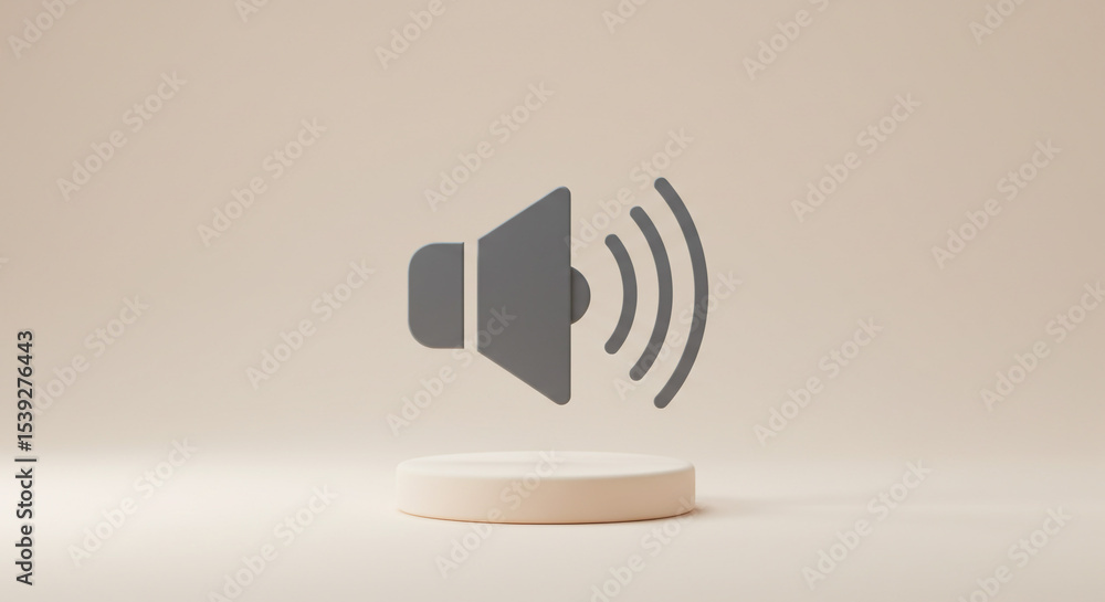 Aufkleber a gray speaker icon with sound waves floating above a small round platform on a light beige backgrou