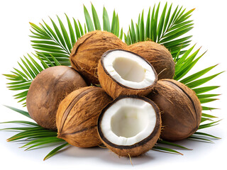 Fresh coconuts with lush green palm leaves, beautifully arranged on white background