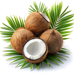 Delicious fresh coconuts with tropical palm leaves on a white background