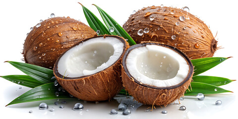 Fresh and Juicy Coconuts with Green Leaves and Water Droplets Studio Shot