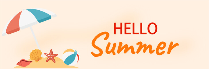  Flat Design Hello Summer Illustration with Beach Umbrella, Sand, Palm Leaves, Ball, and Flip Flops – Perfect for Summer Holiday Theme, Travel Ads, Seasonal Greeting, or Vacation Concept