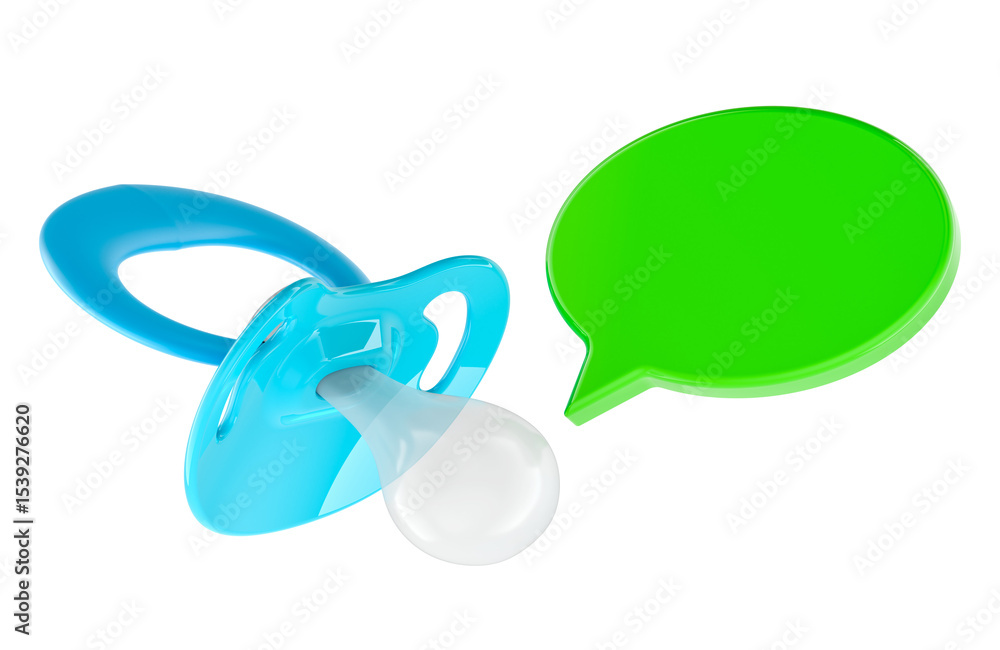 Poster baby pacifier and speech bubble. first words and the beginning of communication, concept. 3d renderi