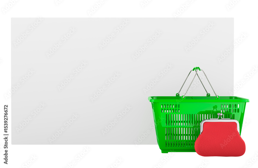Poster blank white card with shopping basket and red coin purse. 3d rendering isolated on transparent backg