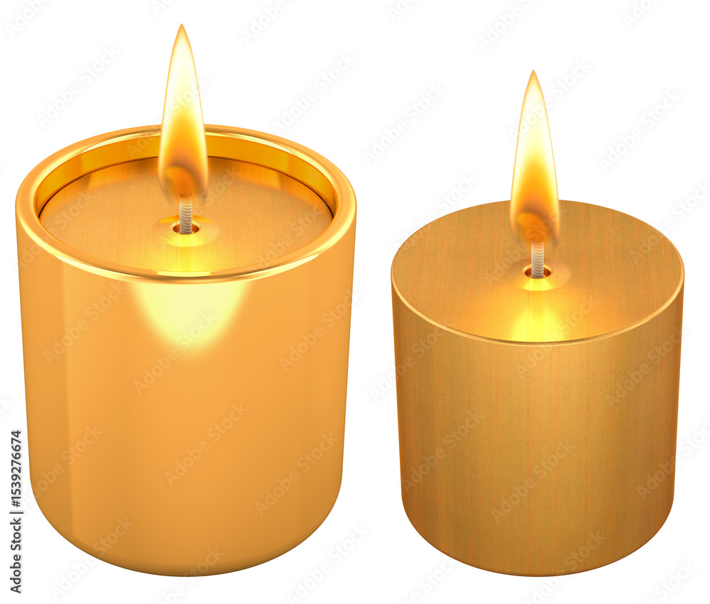 Poster gold candles, one in holder one without. 3d rendering isolated on transparent background