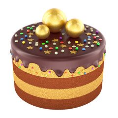 Chocolate cake with layered yellow and brown sponge, topped with chocolate glaze, gold balls, and colorful star and dot sprinkles. 3D rendering isolated on transparent background