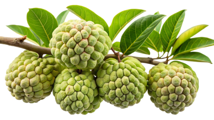 Closeup of several sugar apples hanging from a branch with green leaves