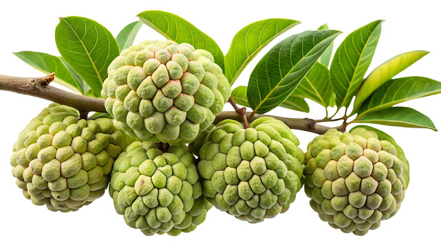 Closeup of several sugar apples hanging from a branch with green leaves