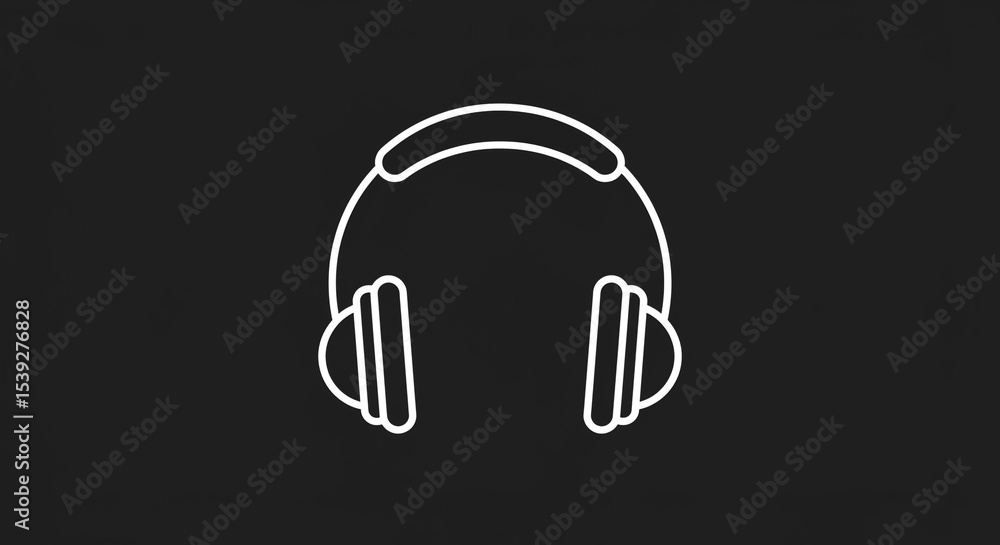 Poster a simple white outline of headphones centered on a solid black background with a minimalist style