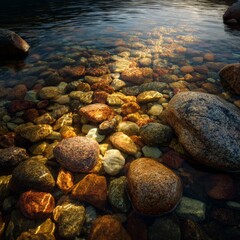 Fototapeta premium Close-up of riverbed with smooth stones and clear water, revealing underwater details