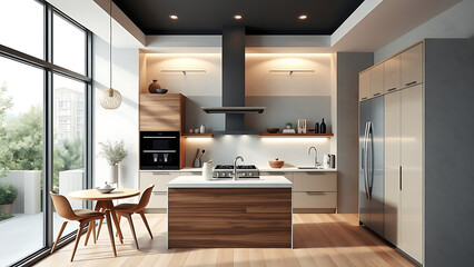 Modern kitchen interior design 3D Rendering