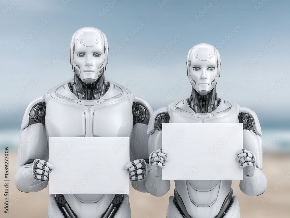 Poster two humanoid robots with sleek white exteriors holding blank signs against a serene background expre
