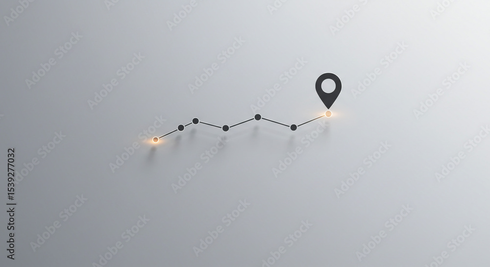 Poster a winding line with several dots leading to a location pin on a gray background in a minimalist styl
