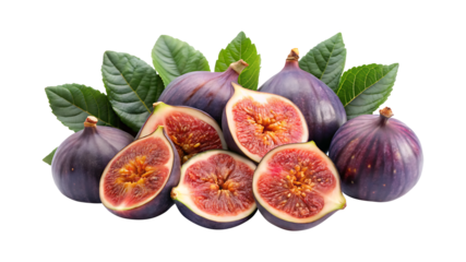 Beautiful still life arrangement of ripe figs and fresh green leaves