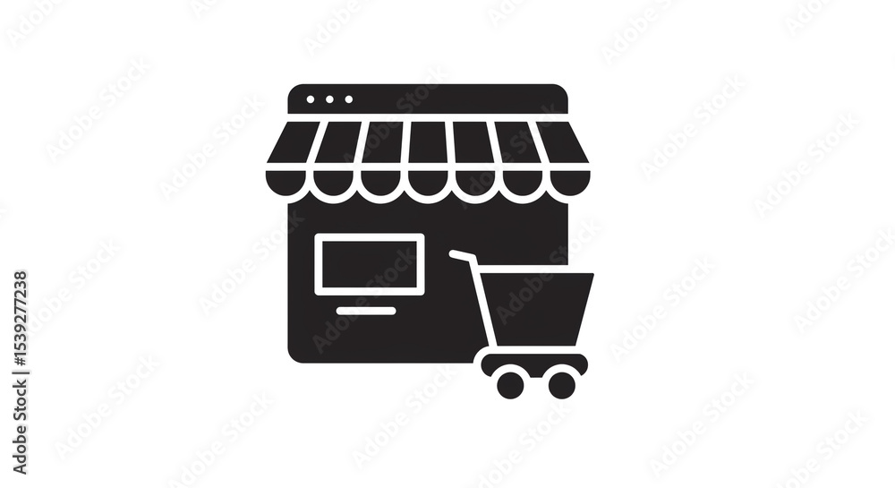 Aufkleber a black icon of a store front with an awning and a shopping cart on a white background showing onlin