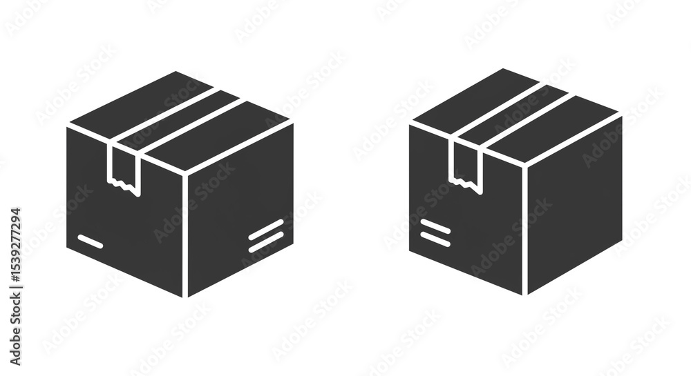 Poster two dark gray isometric boxes with tape on top and white background in a simple graphic style
