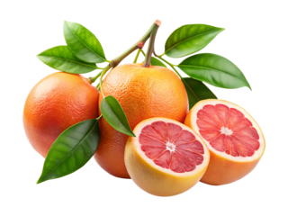 Beautiful grapefruit arrangement showing whole fruit, cross sections, leaves and stems