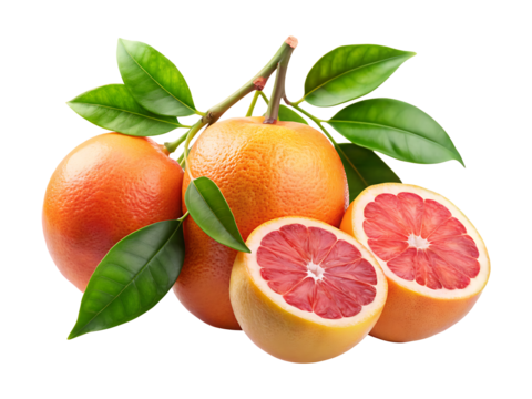 Beautiful grapefruit arrangement showing whole fruit, cross sections, leaves and stems