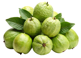 Pile of fresh ripe guava fruits with green leaves isolated
