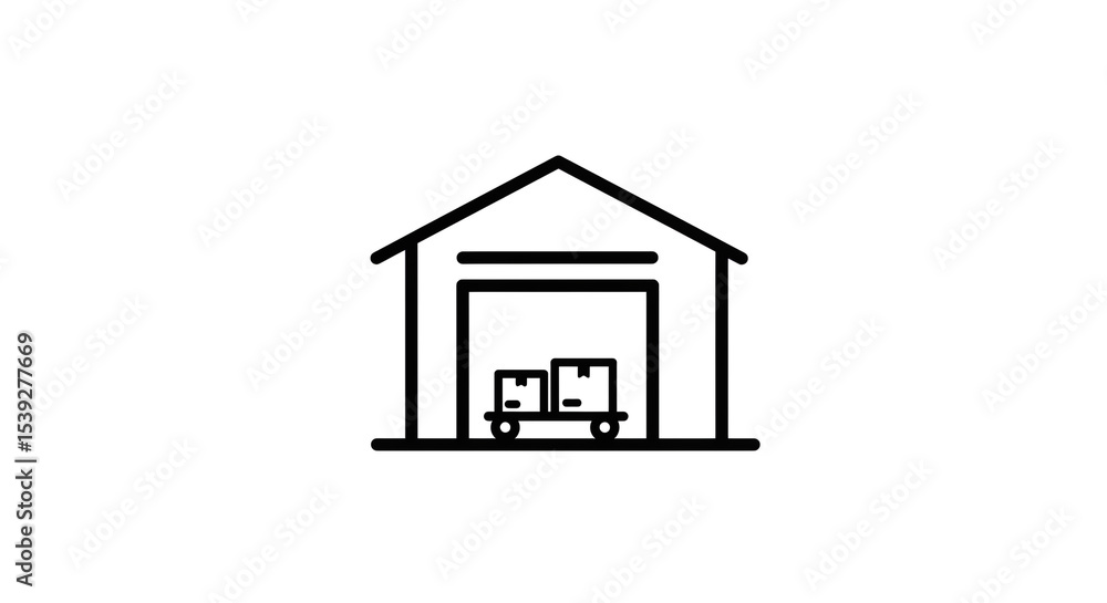 Poster a simple line drawing of a warehouse with boxes on a cart inside against a white background scene vi