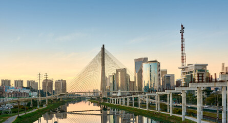Urban cityscape with a cable-stayed bridge in São Paulo.