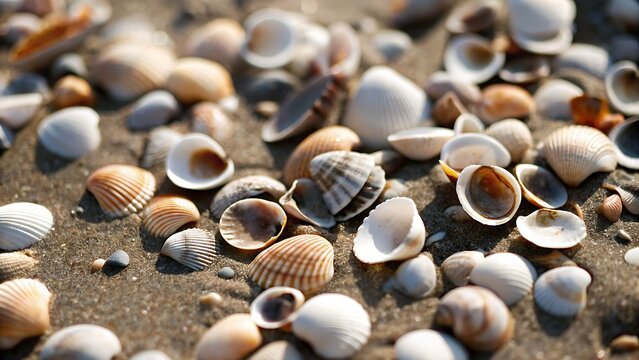 Close up shot of seashells scattered on the sandy beach on a bright sunny day outdoors