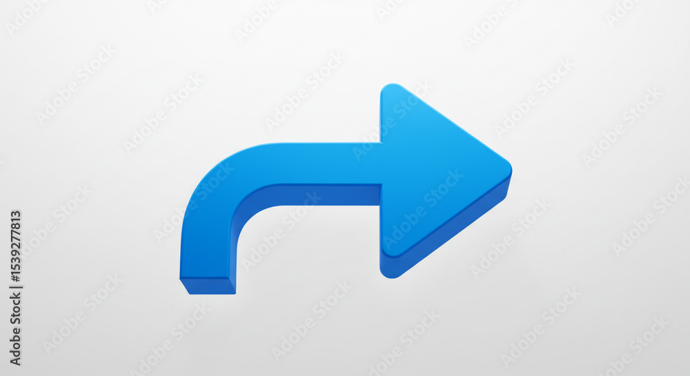 Poster a bright blue arrow with a curved tail pointing to the right on a gradient white background space