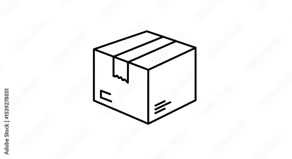 Poster a simple line drawing of a cardboard box sealed with tape on a white background in isometric view