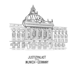 Palace of Justice in Munich Germany hand drawn vector illustration