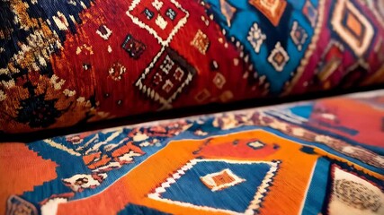 Close-up on a vibrant handmade rug and decorative pillows showcasing traditional textile patterns, rich colors, and intricate designs. - Powered by Adobe