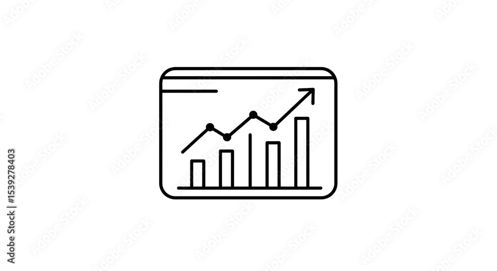 Poster a line drawing of a graph with an arrow pointing up and bars showing a rising trend on a white backd