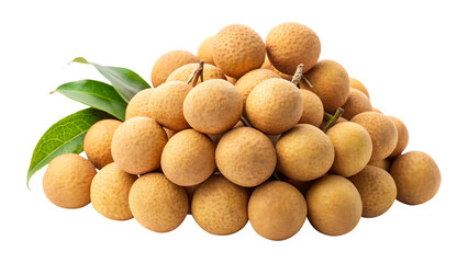 Heap of fresh longan fruits, tropical fruit with leaves, isolated on white