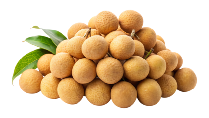 Heap of fresh longan fruits, tropical fruit with leaves, isolated on white