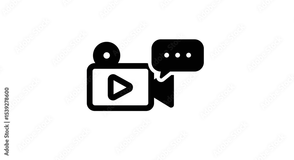 Aufkleber a black and white icon of a video camera with a play button and a speech bubble with three dots