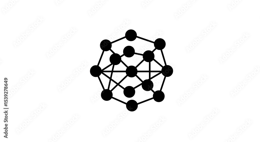 Poster a geometric shape consisting of black circles connected by lines on a white background in the center