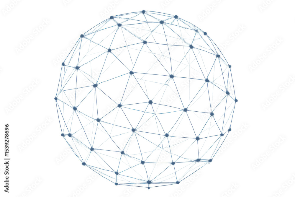 Poster glowing digital network sphere spinning, displaying interconnected nodes representing technological 