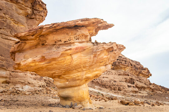 View of a big rock at Saudi Arabia Alula with the rock mountains at background in a cloudy day.