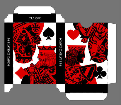 Playing card box template with card characters in red and black linear style and suit symbols on white background. Vector illustration