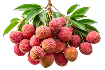 A vibrant cluster of lychee fruit on a branch with green leaves