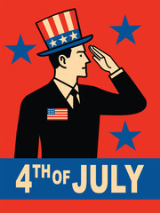 retro 4th of july american independence day poster with patriotic man saluting, wearing stars and stripes top hat on red background with blue stars, vintage usa celebration design
