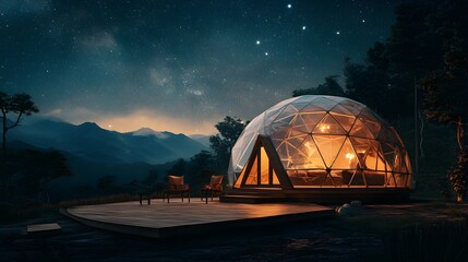 Illuminated geodesic dome tent on wooden platform at night with starry sky