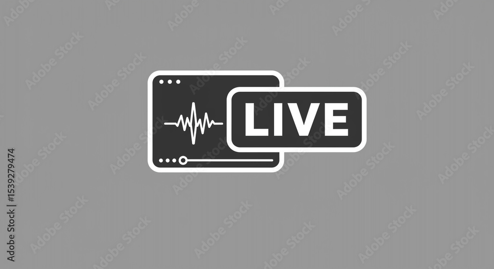 Aufkleber a gray background with a black and white live stream icon and a sound wave graph icon next to it