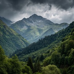 Fototapeta premium Majestic Mountain Peaks Under a Dramatic Sky