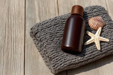 Luxurious dark bottle with wooden cap placed artistically on textured gray blanket alongside starfish and seashell creating a serene coastal ambiance evoking tranquility and relaxation