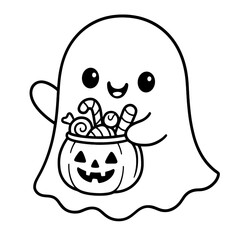 Obraz premium A friendly ghost with sweets beckons from within a candy pumpkin, ready to spread Halloween cheer. This line art illustration captures the playful spirit of the season. coloring page