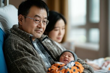 Obraz premium Happy family embracing newborn in cozy home setting, representing love, warmth, and togetherness.